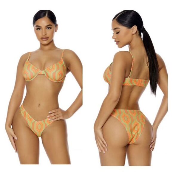 NWT Forplay TRINIDAD VINTAGE BIKINI Geometric 70s Retro Style XL Orange Green - Picture 1 of 7